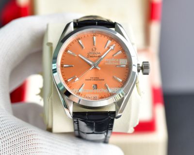 Replica Omega Aqua Terra 150M Watch SS Orange Dial Black Leather Strap 41.5MM